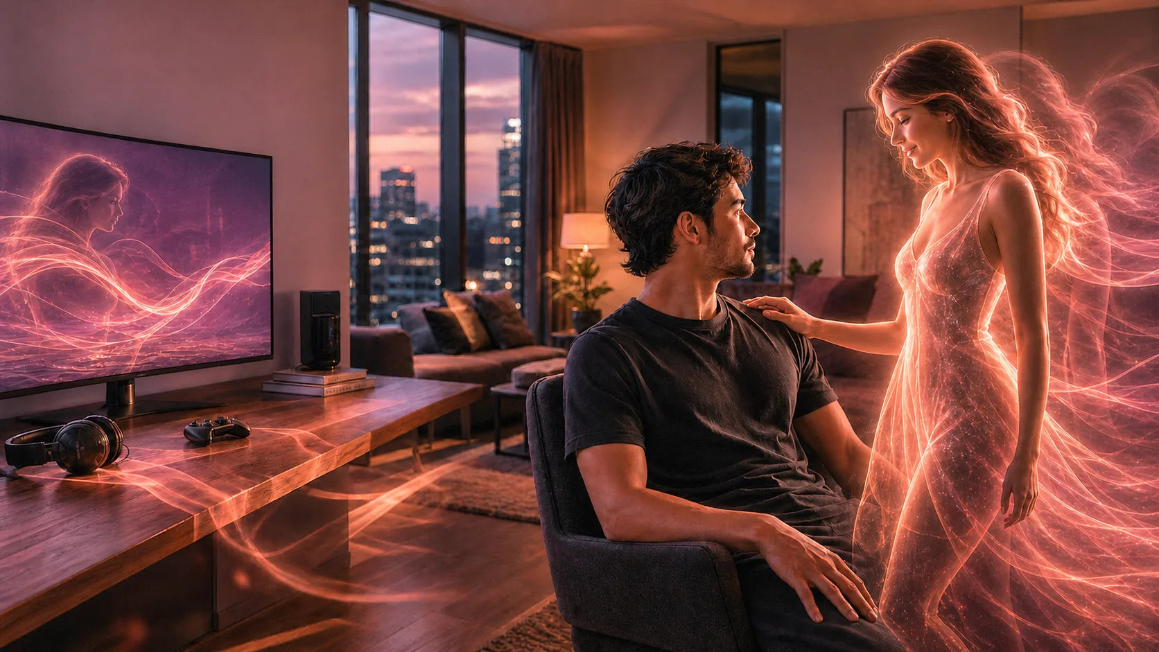 A warm digital presence meeting a person in a lived-in city apartment