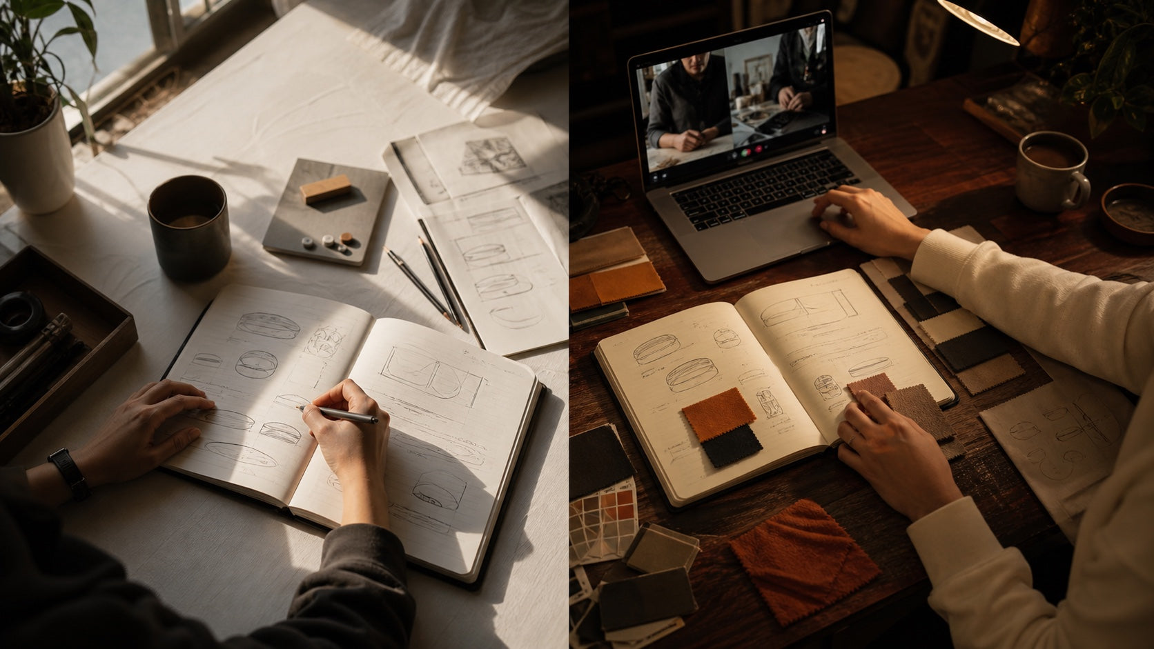 Two co-founders developing one idea from worktables in different time zones