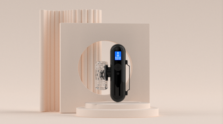 Crazy GIGI smart automatic stroker with removable clear sleeve on a warm neutral display