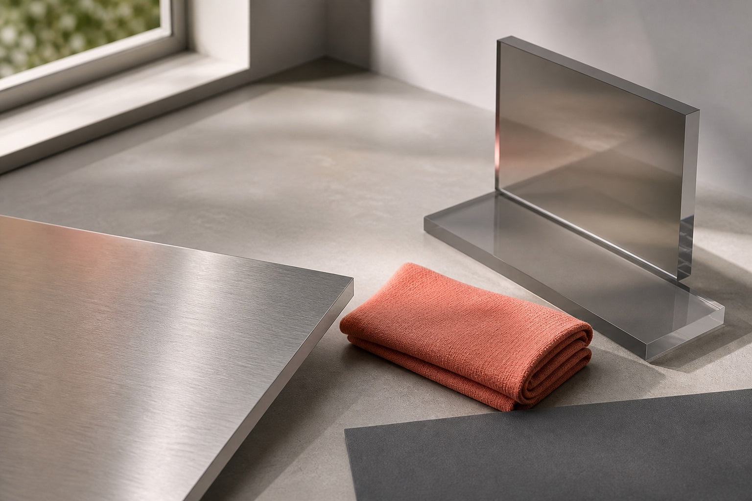 A quiet still life of brushed metal, smoked acrylic, and soft textile in natural light