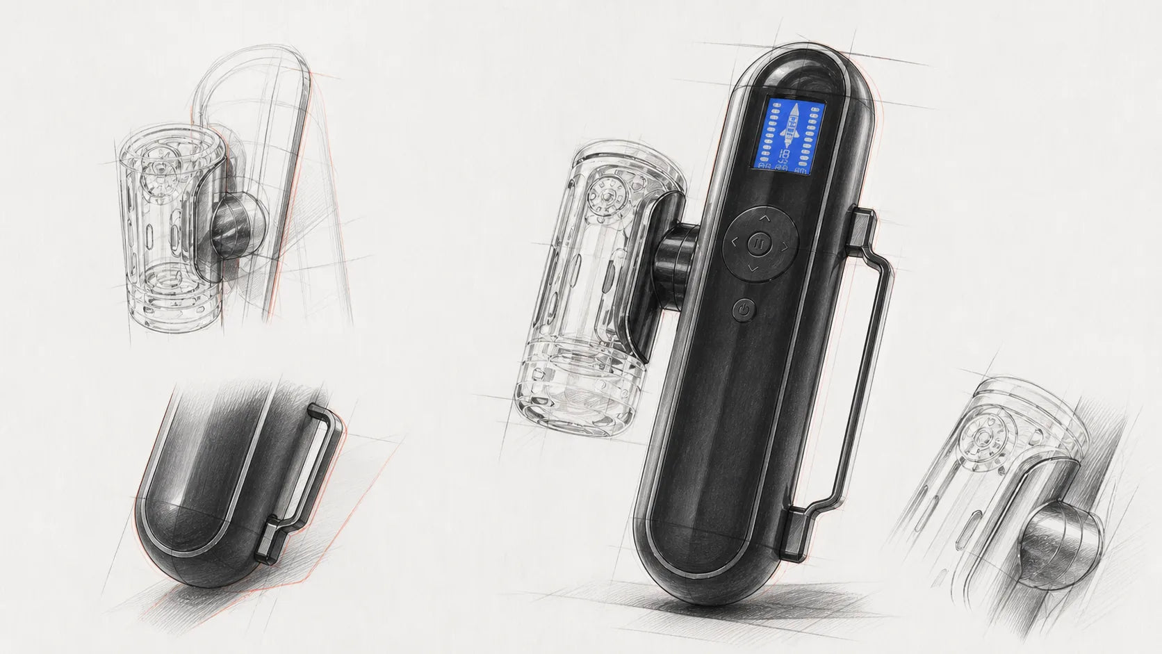 A Crazy GIGI industrial design study showing form, controls, sleeve, and grip